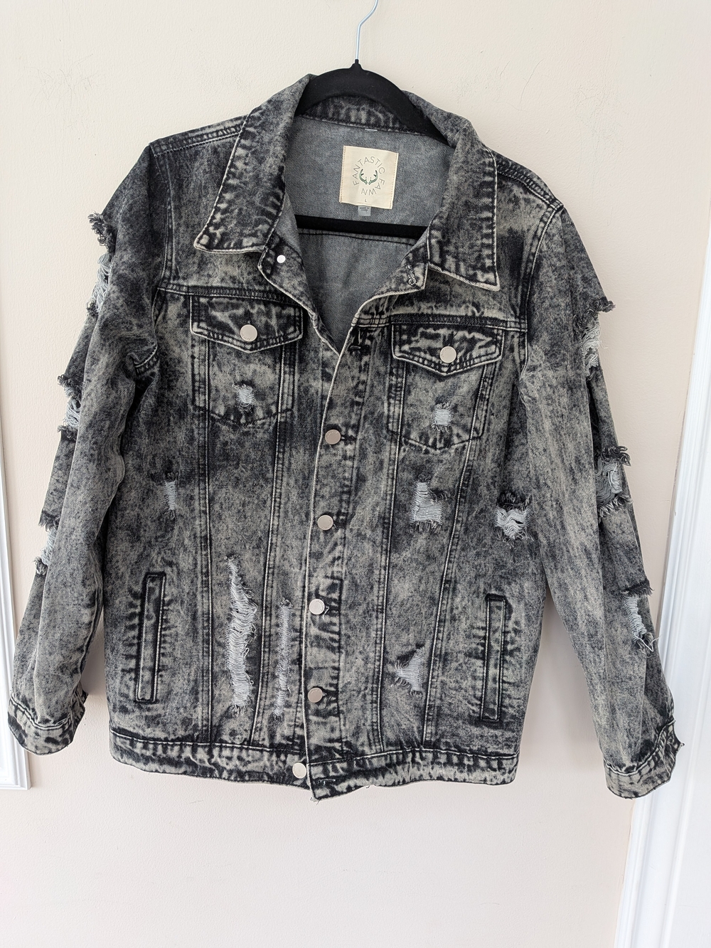 Fantastic Fawn Denim Jacket Size L Gray Acid Wash Distressed Ripped Y2K